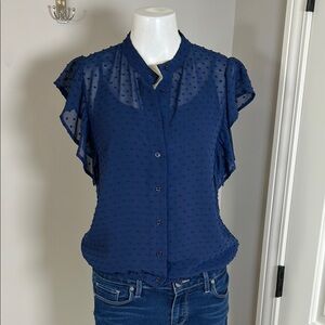 Tuckernuck THE SHIRT BY ROCHELLE BEHRENS Swiss Dot Blouse Top Navy Blue Sz S